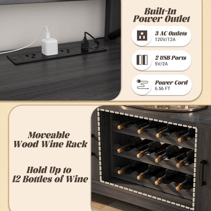 Wine Bar Cabinet with Power Outlets, Liquor Cabinet with LED Lights, and Movable Wooden Wine Rack
