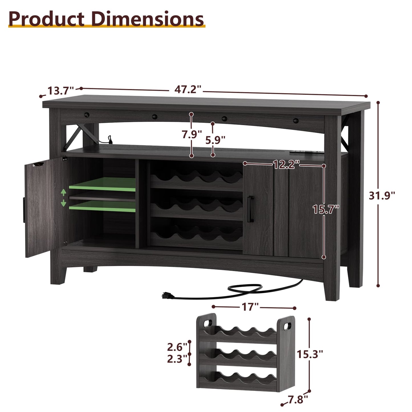 Wine Bar Cabinet with Power Outlets, Liquor Cabinet with LED Lights, and Movable Wooden Wine Rack