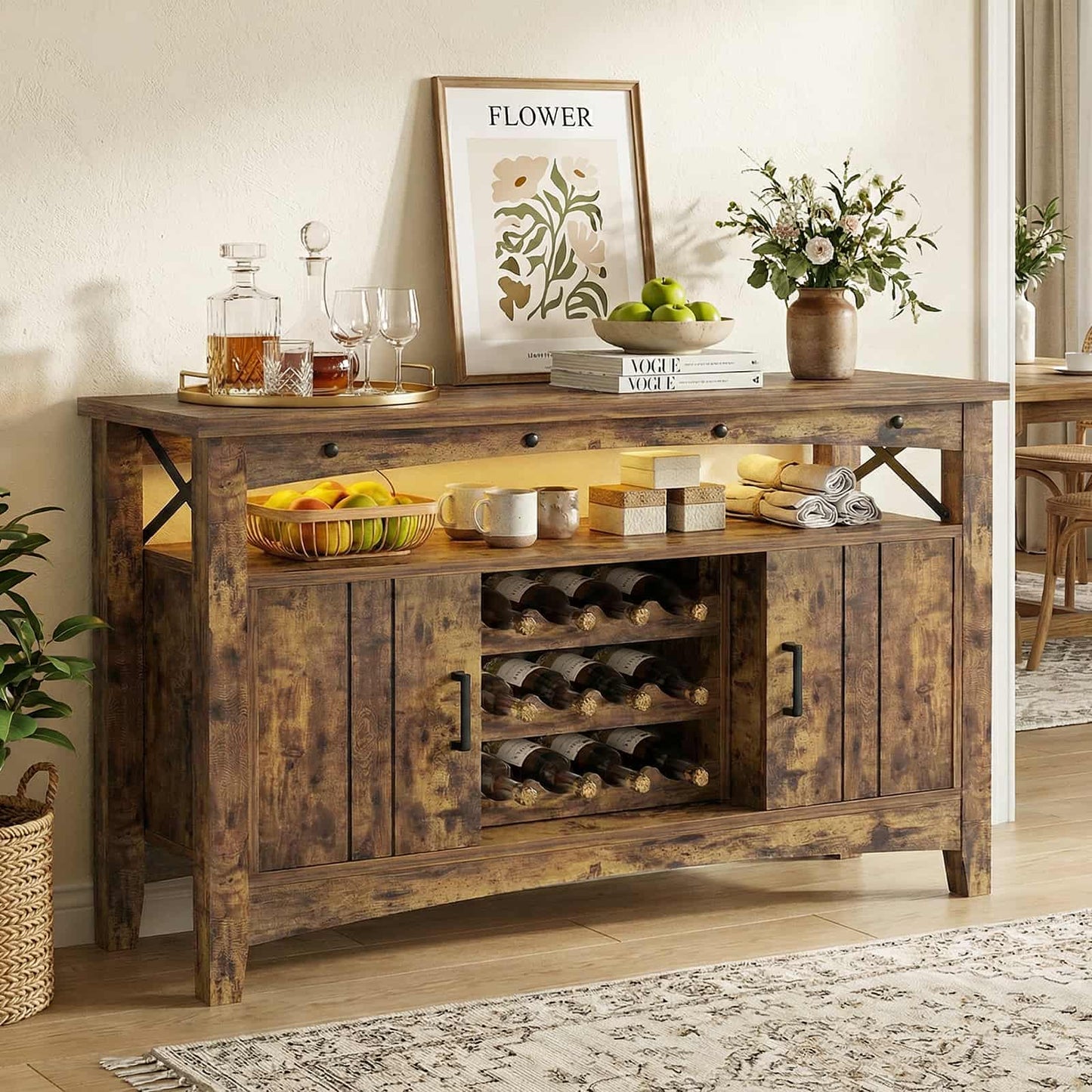 Wine Bar Cabinet with Power Outlets, Liquor Cabinet with LED Lights, and Movable Wooden Wine Rack