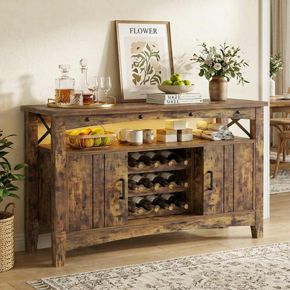 Wine Bar Cabinet with Power Outlets, Liquor Cabinet with LED Lights, and Movable Wooden Wine Rack
