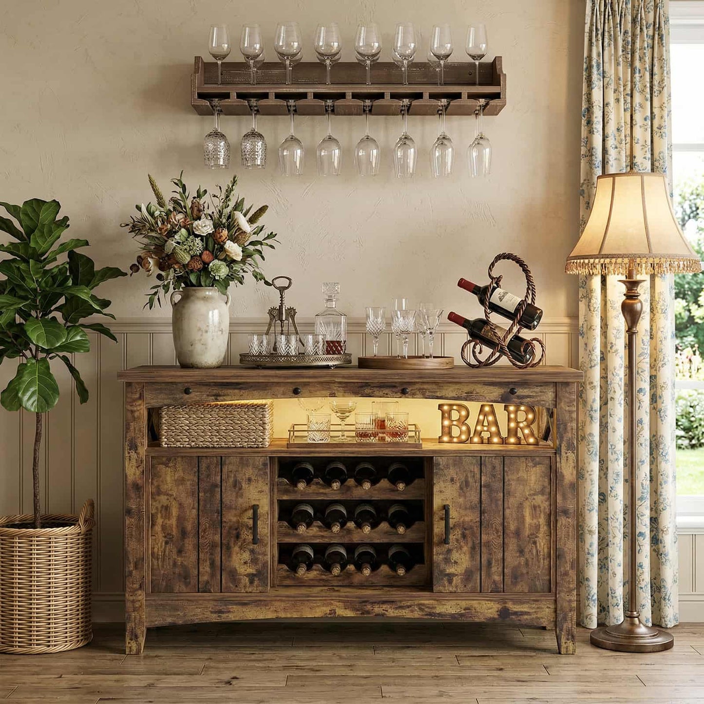 Wine Bar Cabinet with Power Outlets, Liquor Cabinet with LED Lights, and Movable Wooden Wine Rack