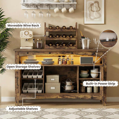 Wine Bar Cabinet with Power Outlets, Liquor Cabinet with LED Lights, and Movable Wooden Wine Rack