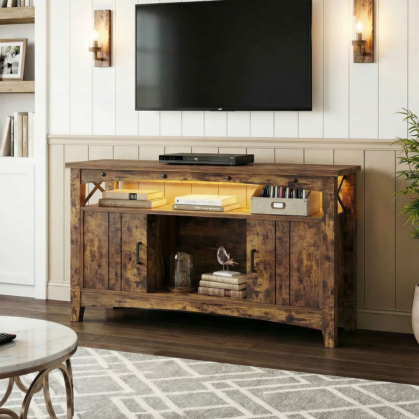 Wine Bar Cabinet with Power Outlets, Liquor Cabinet with LED Lights, and Movable Wooden Wine Rack