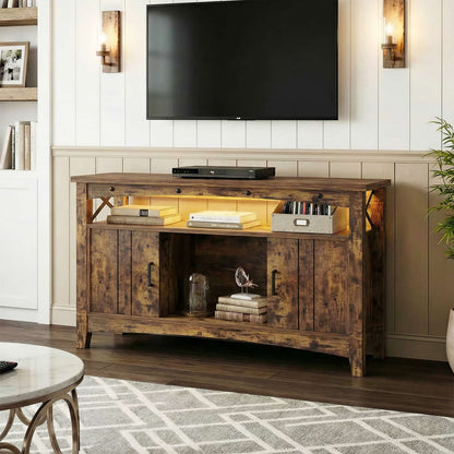 Farmhouse Coffee Bar Cabinet with Charging Station, LED Lights & Movable Wine Rack
