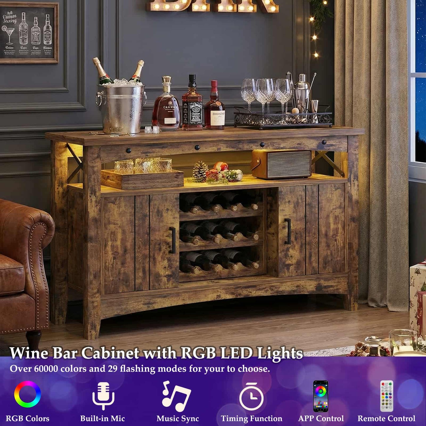 Wine Bar Cabinet with Power Outlets, Liquor Cabinet with LED Lights, and Movable Wooden Wine Rack