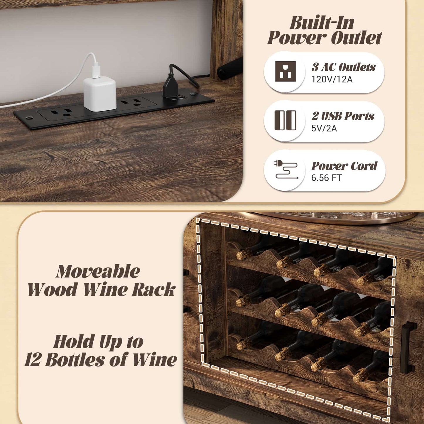Wine Bar Cabinet with Power Outlets, Liquor Cabinet with LED Lights, and Movable Wooden Wine Rack