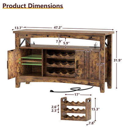 Wine Bar Cabinet with Power Outlets, Liquor Cabinet with LED Lights, and Movable Wooden Wine Rack