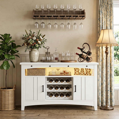 Wine Bar Cabinet with Power Outlets, Liquor Cabinet with LED Lights, and Movable Wooden Wine Rack