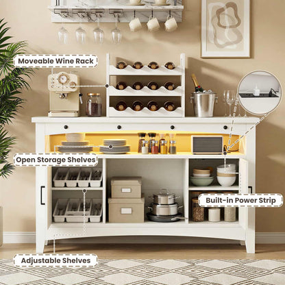 Wine Bar Cabinet with Power Outlets, Liquor Cabinet with LED Lights, and Movable Wooden Wine Rack