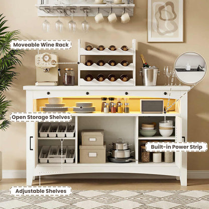 Farmhouse Coffee Bar Cabinet with Charging Station, LED Lights & Movable Wine Rack
