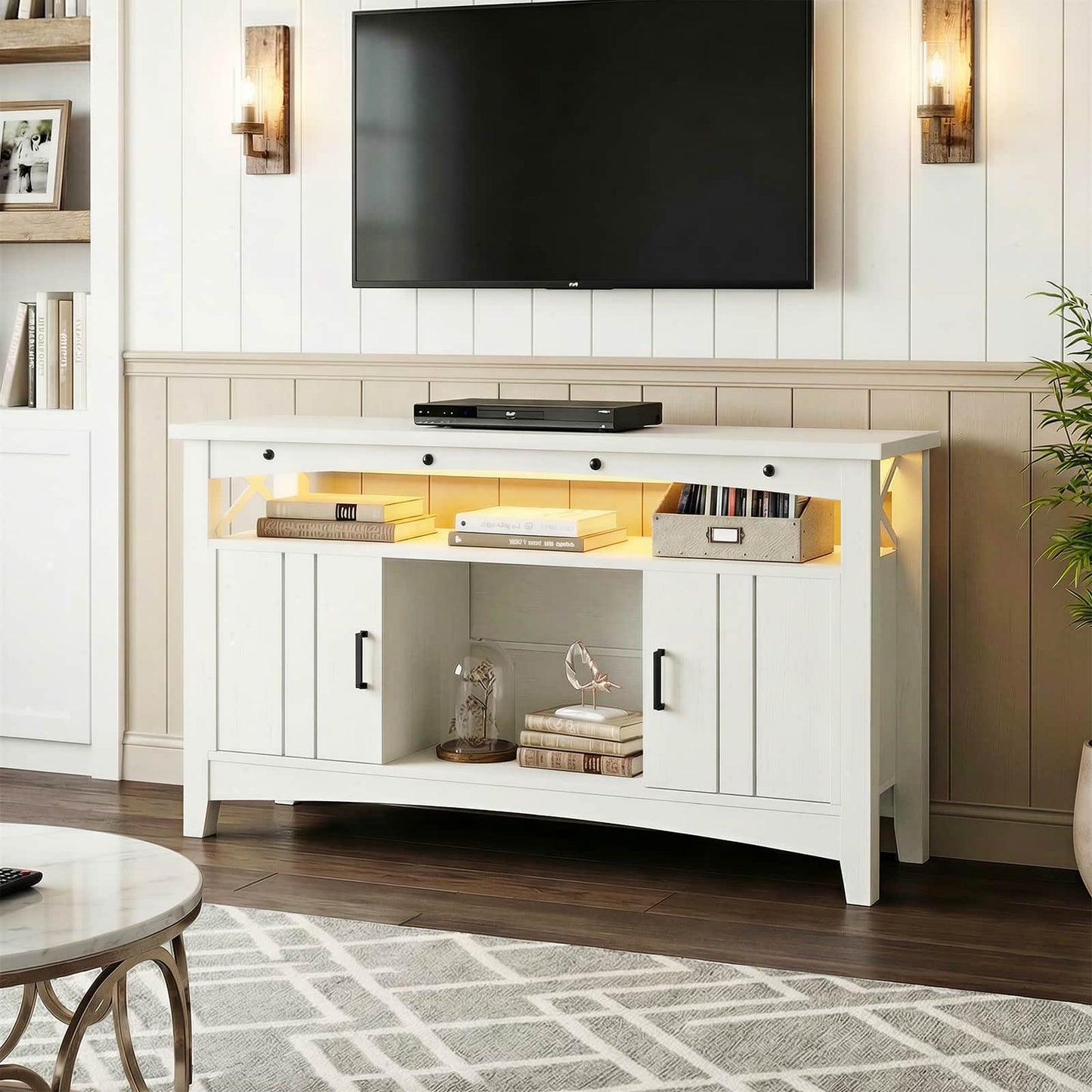 Wine Bar Cabinet with Power Outlets, Liquor Cabinet with LED Lights, and Movable Wooden Wine Rack