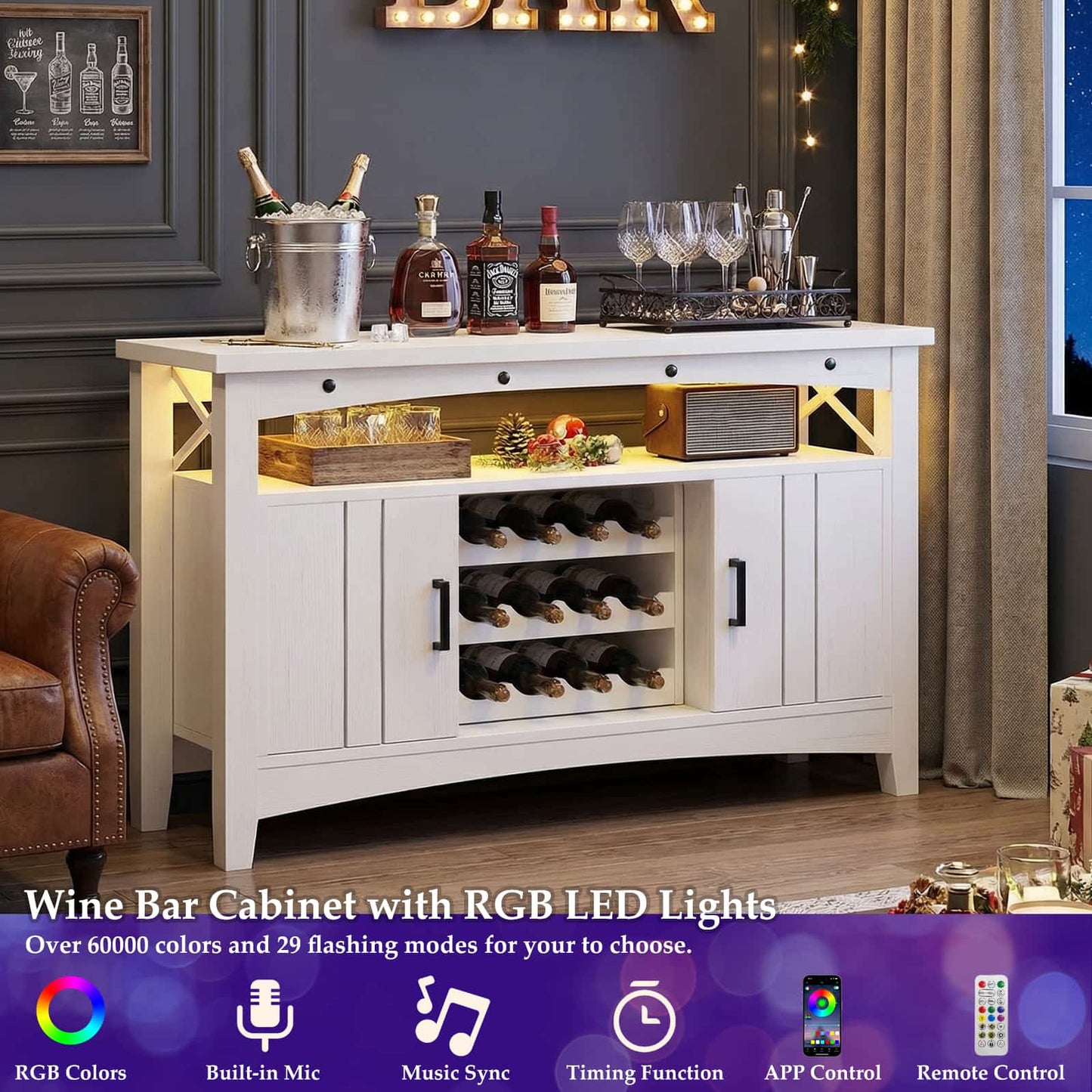 Wine Bar Cabinet with Power Outlets, Liquor Cabinet with LED Lights, and Movable Wooden Wine Rack