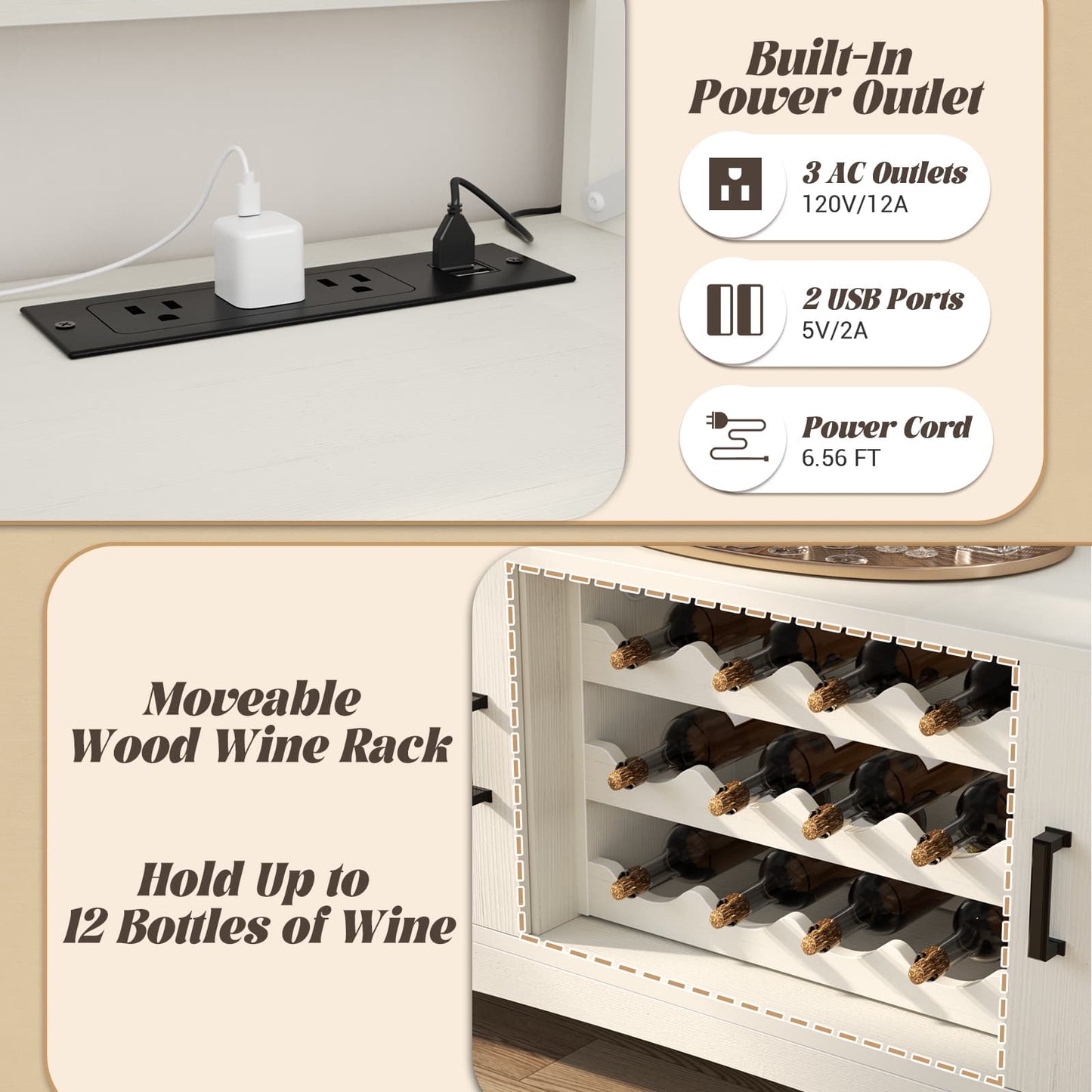 Wine Bar Cabinet with Power Outlets, Liquor Cabinet with LED Lights, and Movable Wooden Wine Rack