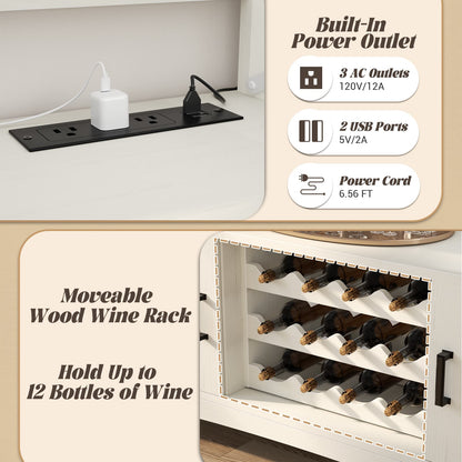 Wine Bar Cabinet with Power Outlets, Liquor Cabinet with LED Lights, and Movable Wooden Wine Rack