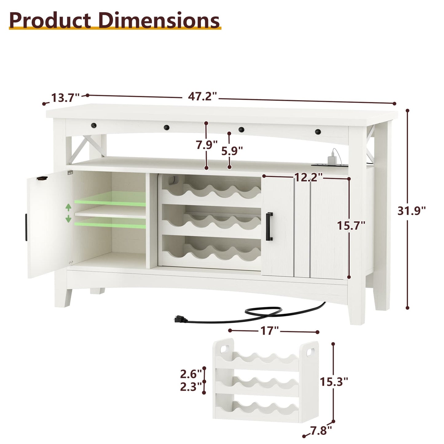 Wine Bar Cabinet with Power Outlets, Liquor Cabinet with LED Lights, and Movable Wooden Wine Rack