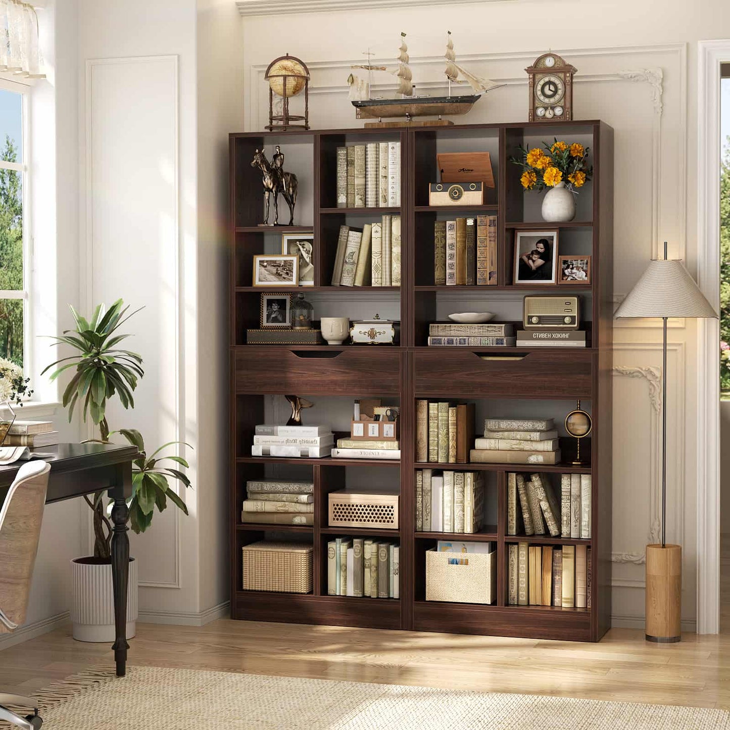 8-Tier Wooden Cube Bookcase with Drawer and Adjustable Shelves