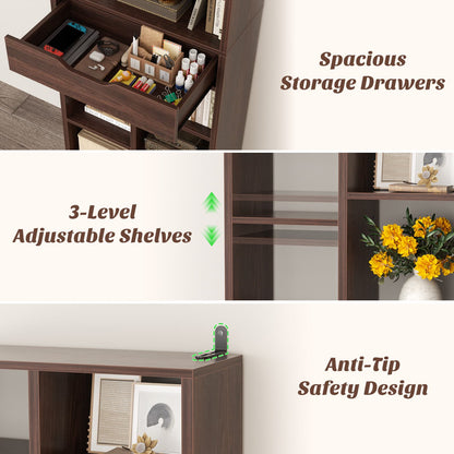 8-Tier Wooden Cube Bookcase with Drawer and Adjustable Shelves