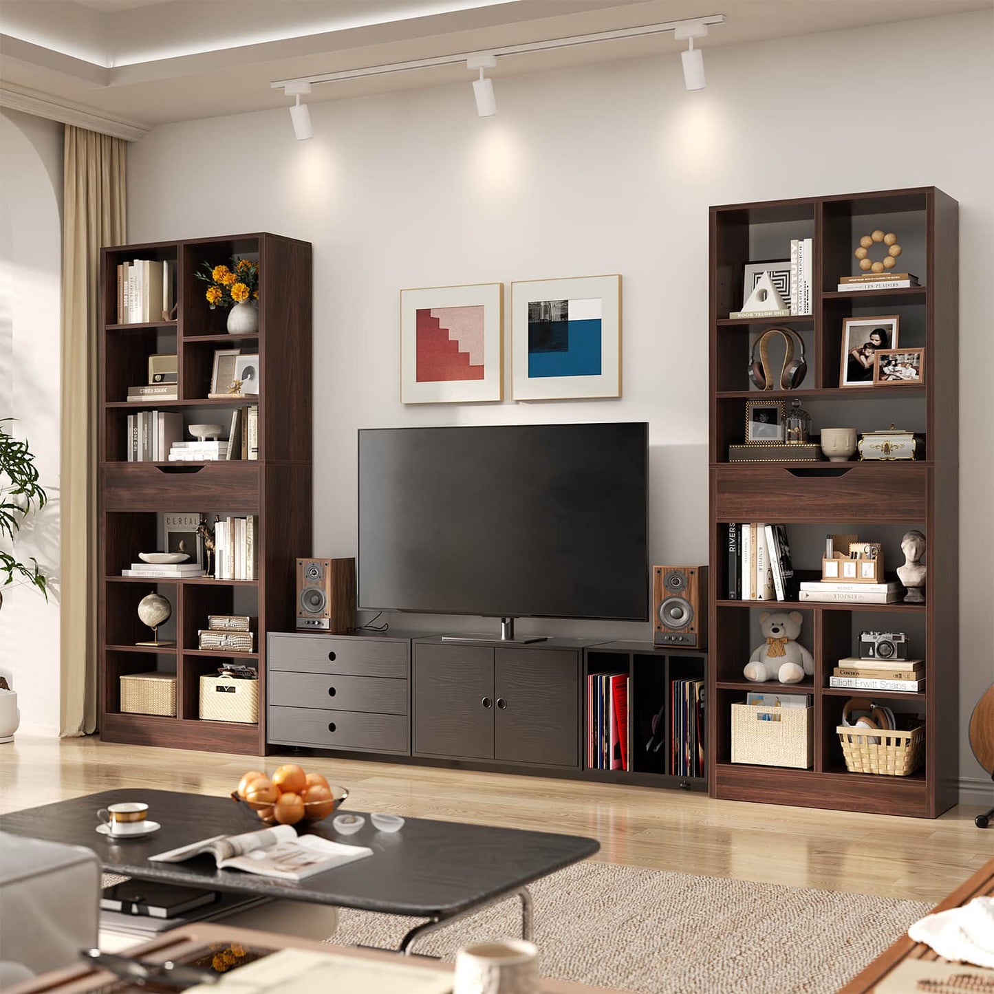 8-Tier Wooden Cube Bookcase with Drawer and Adjustable Shelves
