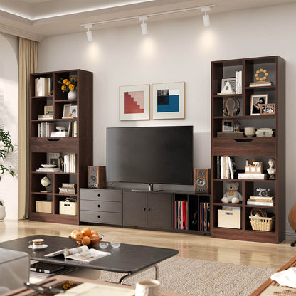 8-Tier Wooden Cube Bookcase with Drawer and Adjustable Shelves