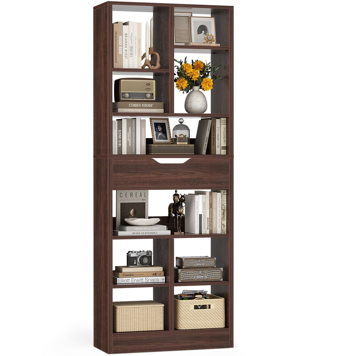 8-Tier Wooden Cube Bookcase with Drawer and Adjustable Shelves