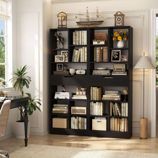 8-Tier Wooden Cube Bookcase with Drawer and Adjustable Shelves