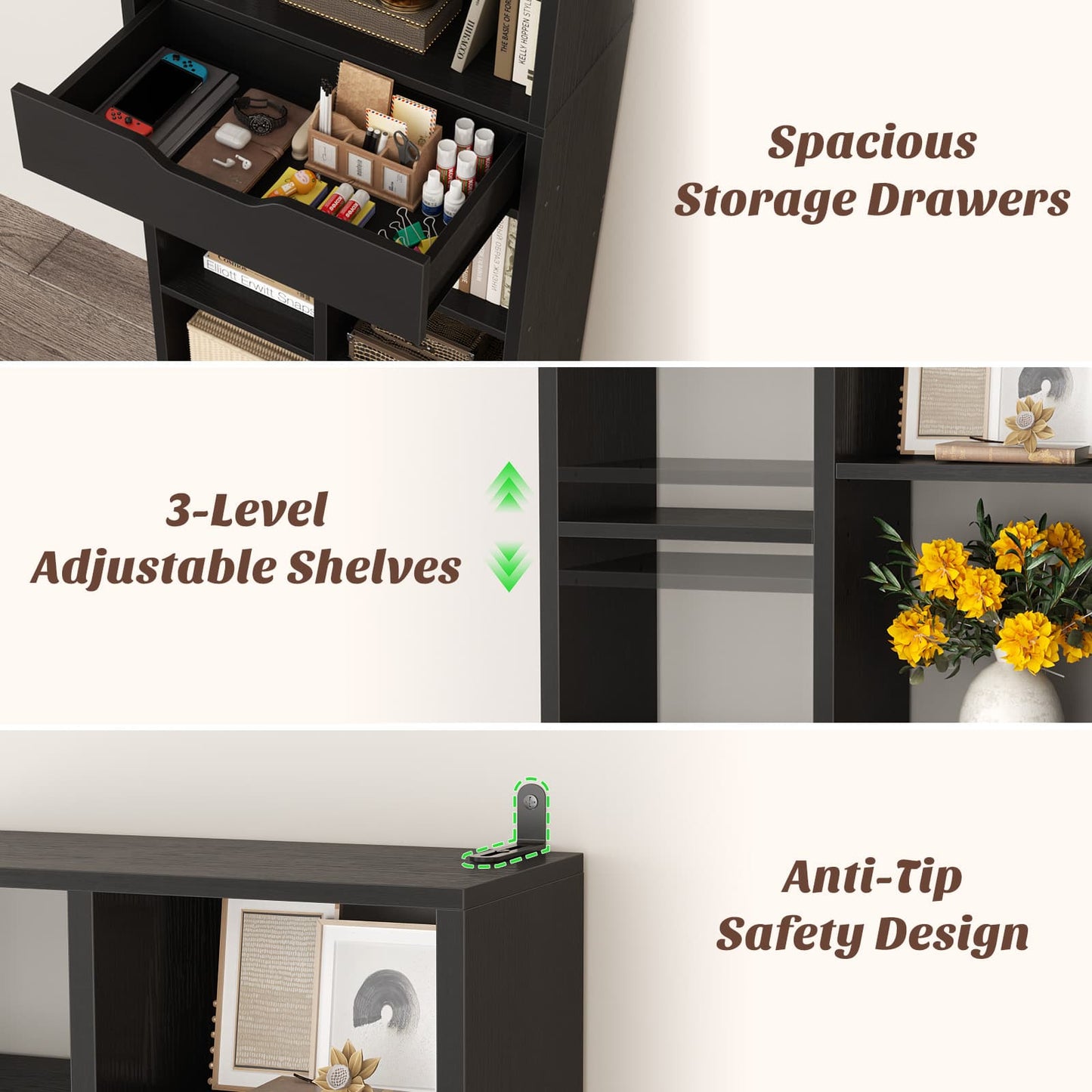8-Tier Wooden Cube Bookcase with Drawer and Adjustable Shelves