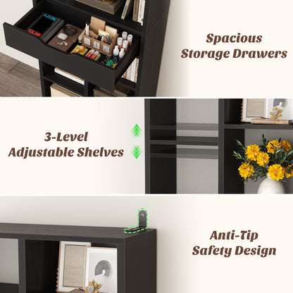 8-Tier Wooden Cube Bookcase with Drawer and Adjustable Shelves