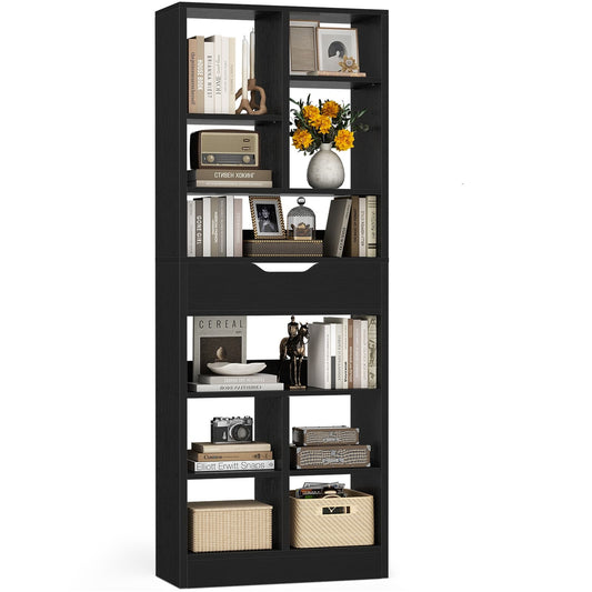 8-Tier Wooden Cube Bookcase with Drawer and Adjustable Shelves