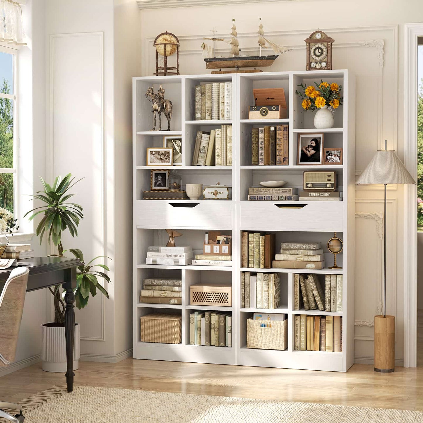 8-Tier Wooden Cube Bookcase with Drawer and Adjustable Shelves