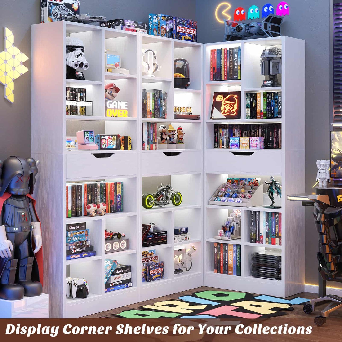 8-Tier Wooden Cube Bookcase with Drawer and Adjustable Shelves