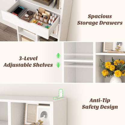 8-Tier Wooden Cube Bookcase with Drawer and Adjustable Shelves