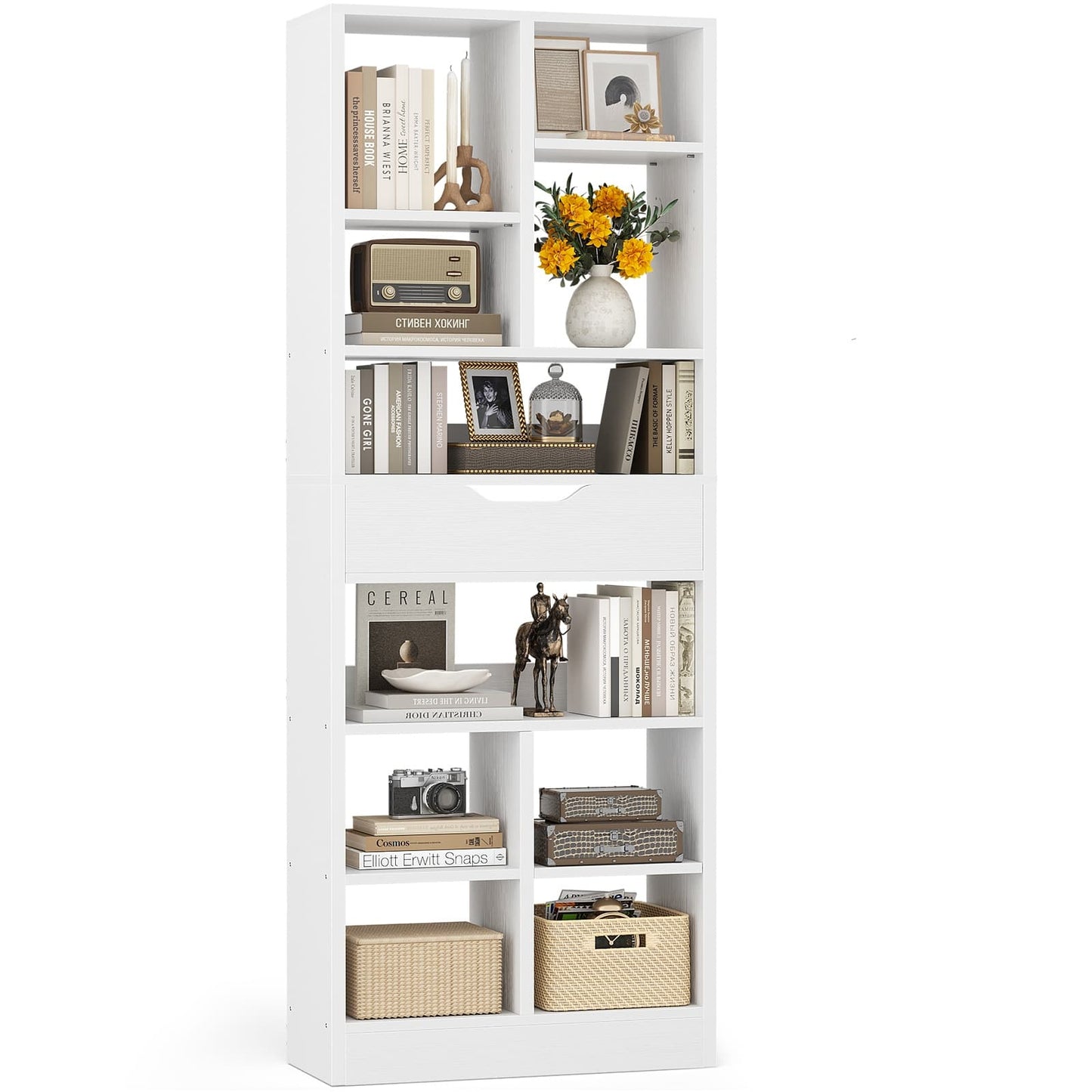 8-Tier Wooden Cube Bookcase with Drawer and Adjustable Shelves