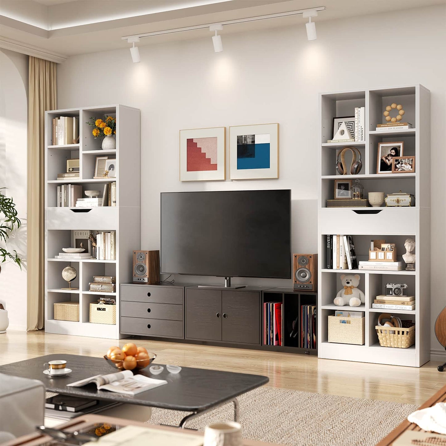 8-Tier Wooden Cube Bookcase with Drawer and Adjustable Shelves