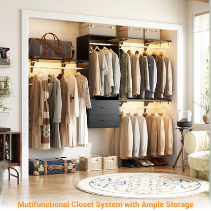 20" - 96" Wall Mounted Closet System with 2 Drawers, 3 Shelf Towers, and 4 Hanging Rods