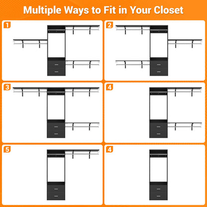 20" - 96" Wall Mounted Closet System with 2 Drawers, 3 Shelf Towers, and 4 Hanging Rods