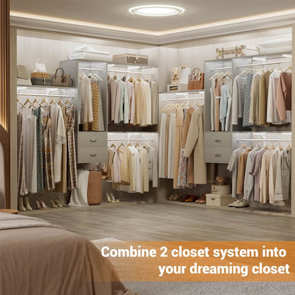 20" - 96" Wall Mounted Closet System with 2 Drawers, 3 Shelf Towers, and 4 Hanging Rods
