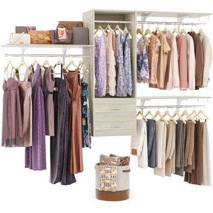 20" - 96" Wall Mounted Closet System with 2 Drawers, 3 Shelf Towers, and 4 Hanging Rods