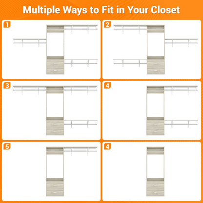 20" - 96" Wall Mounted Closet System with 2 Drawers, 3 Shelf Towers, and 4 Hanging Rods