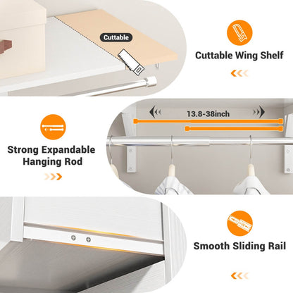 20" - 96" Wall Mounted Closet System with 2 Drawers, 3 Shelf Towers, and 4 Hanging Rods