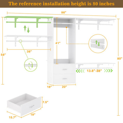 20" - 96" Wall Mounted Closet System with 2 Drawers, 3 Shelf Towers, and 4 Hanging Rods