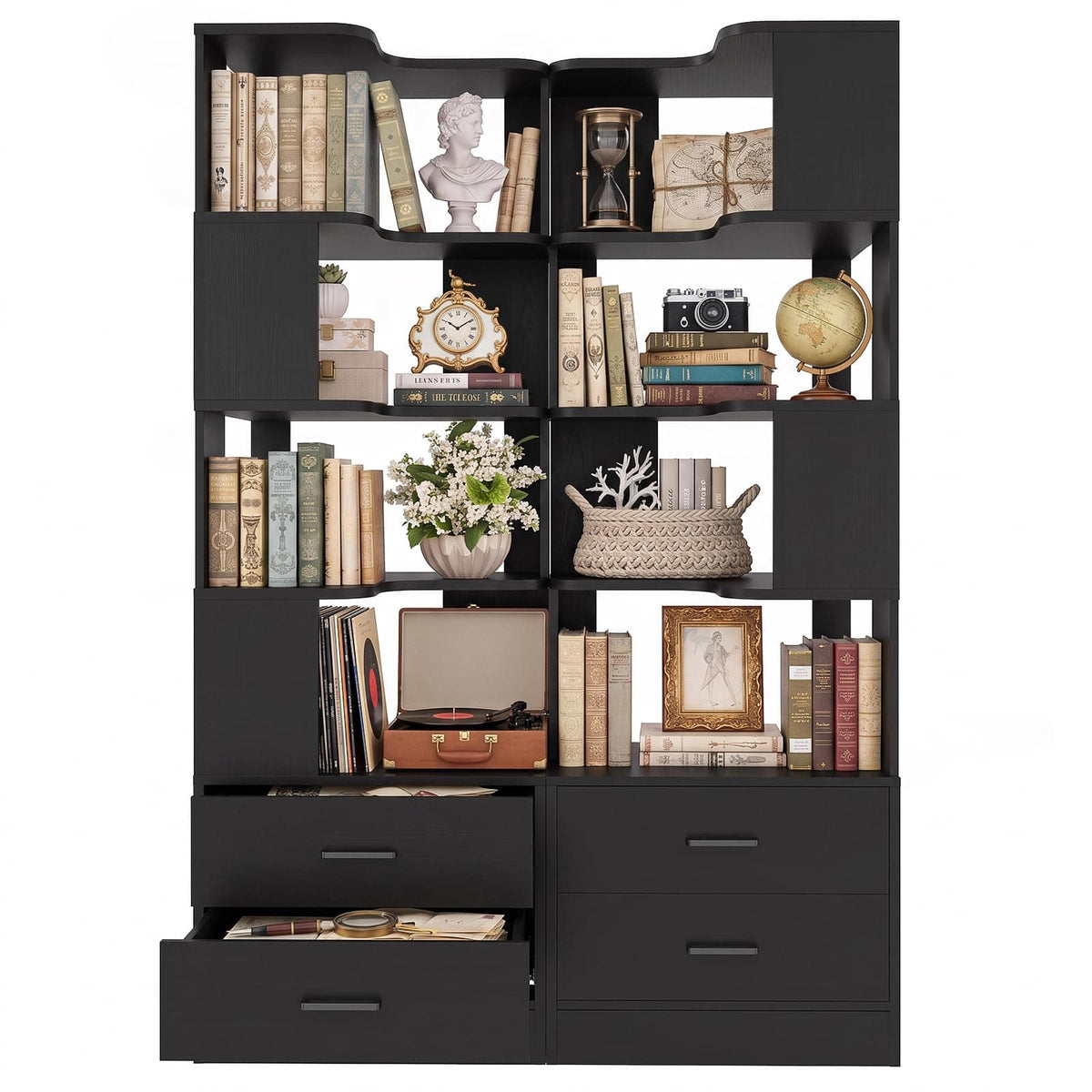 4-Drawer 7-Tier Corner Bookshelf, L-Shaped Small Corner Shelf Storage Bookcase, Freestanding Corner Storage Rack for Small Spaces, Living Room, Home Office, Bedroom
