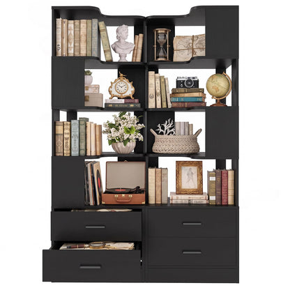 4-Drawer 7-Tier Corner Bookshelf, L-Shaped Small Corner Shelf Storage Bookcase, Freestanding Corner Storage Rack for Small Spaces, Living Room, Home Office, Bedroom