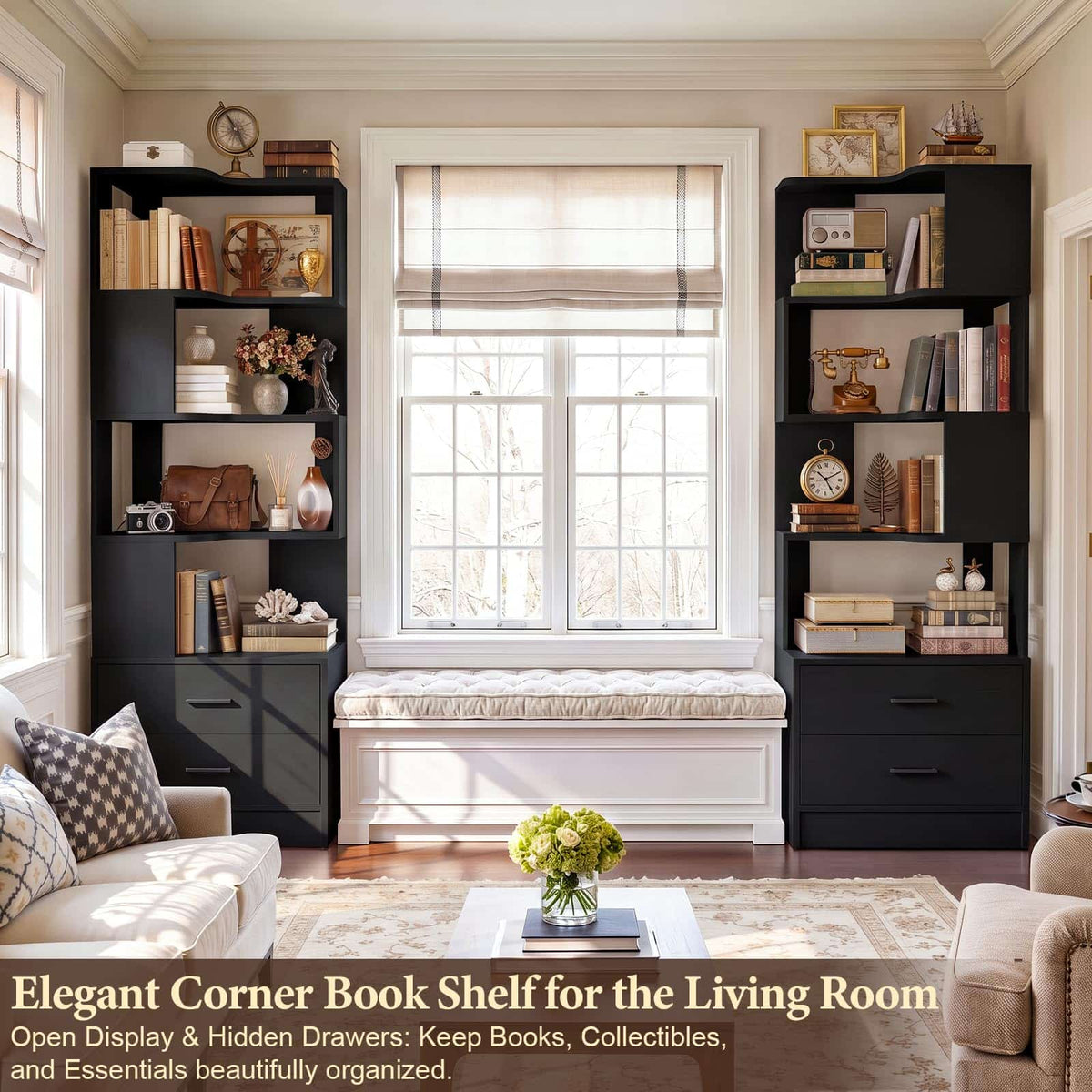 4-Drawer 7-Tier Corner Bookshelf, L-Shaped Small Corner Shelf Storage Bookcase, Freestanding Corner Storage Rack for Small Spaces, Living Room, Home Office, Bedroom