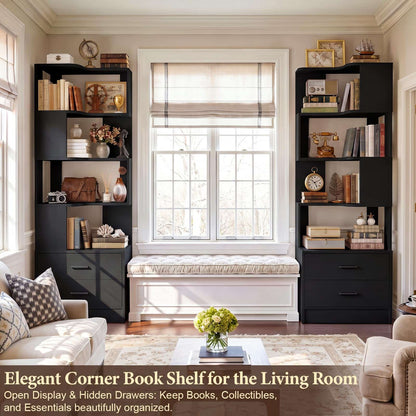 4-Drawer 7-Tier Corner Bookshelf, L-Shaped Small Corner Shelf Storage Bookcase, Freestanding Corner Storage Rack for Small Spaces, Living Room, Home Office, Bedroom