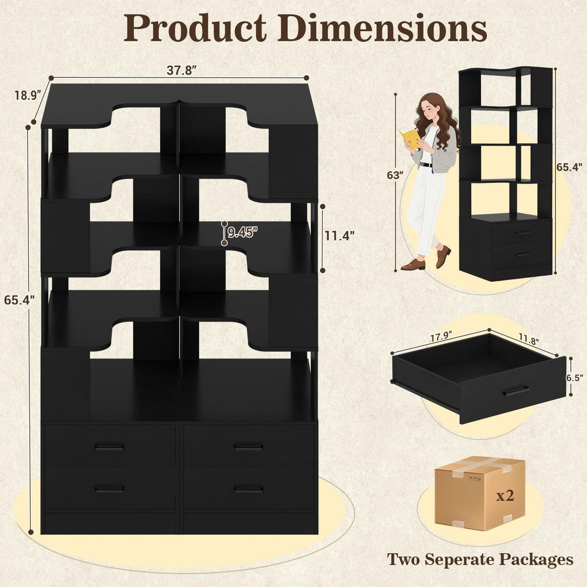 4-Drawer 7-Tier Corner Bookshelf, L-Shaped Small Corner Shelf Storage Bookcase, Freestanding Corner Storage Rack for Small Spaces, Living Room, Home Office, Bedroom