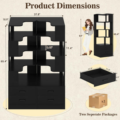 4-Drawer 7-Tier Corner Bookshelf, L-Shaped Small Corner Shelf Storage Bookcase, Freestanding Corner Storage Rack for Small Spaces, Living Room, Home Office, Bedroom