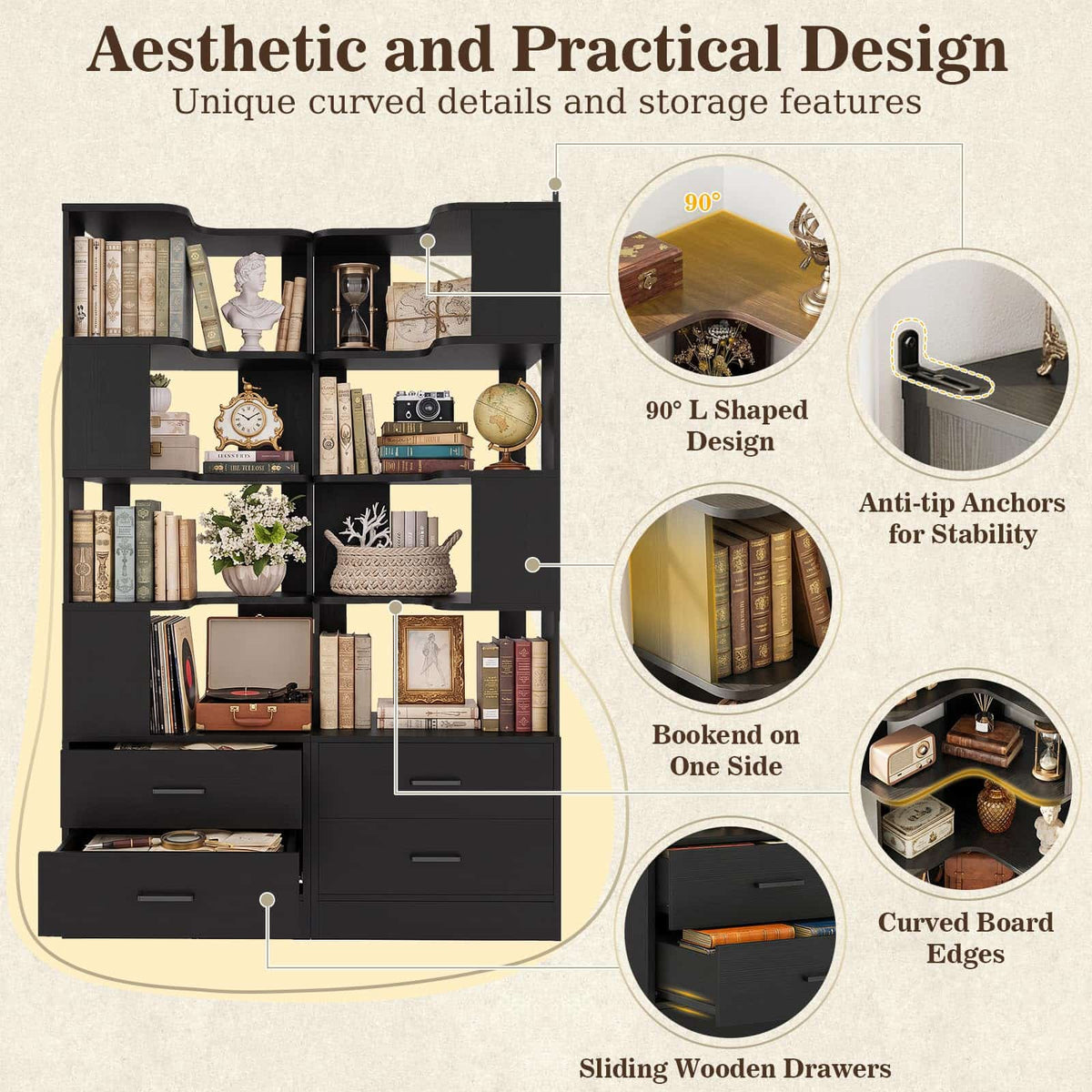 4-Drawer 7-Tier Corner Bookshelf, L-Shaped Small Corner Shelf Storage Bookcase, Freestanding Corner Storage Rack for Small Spaces, Living Room, Home Office, Bedroom