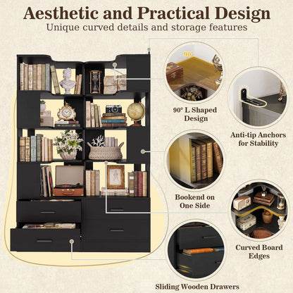 4-Drawer 7-Tier Corner Bookshelf, L-Shaped Small Corner Shelf Storage Bookcase, Freestanding Corner Storage Rack for Small Spaces, Living Room, Home Office, Bedroom