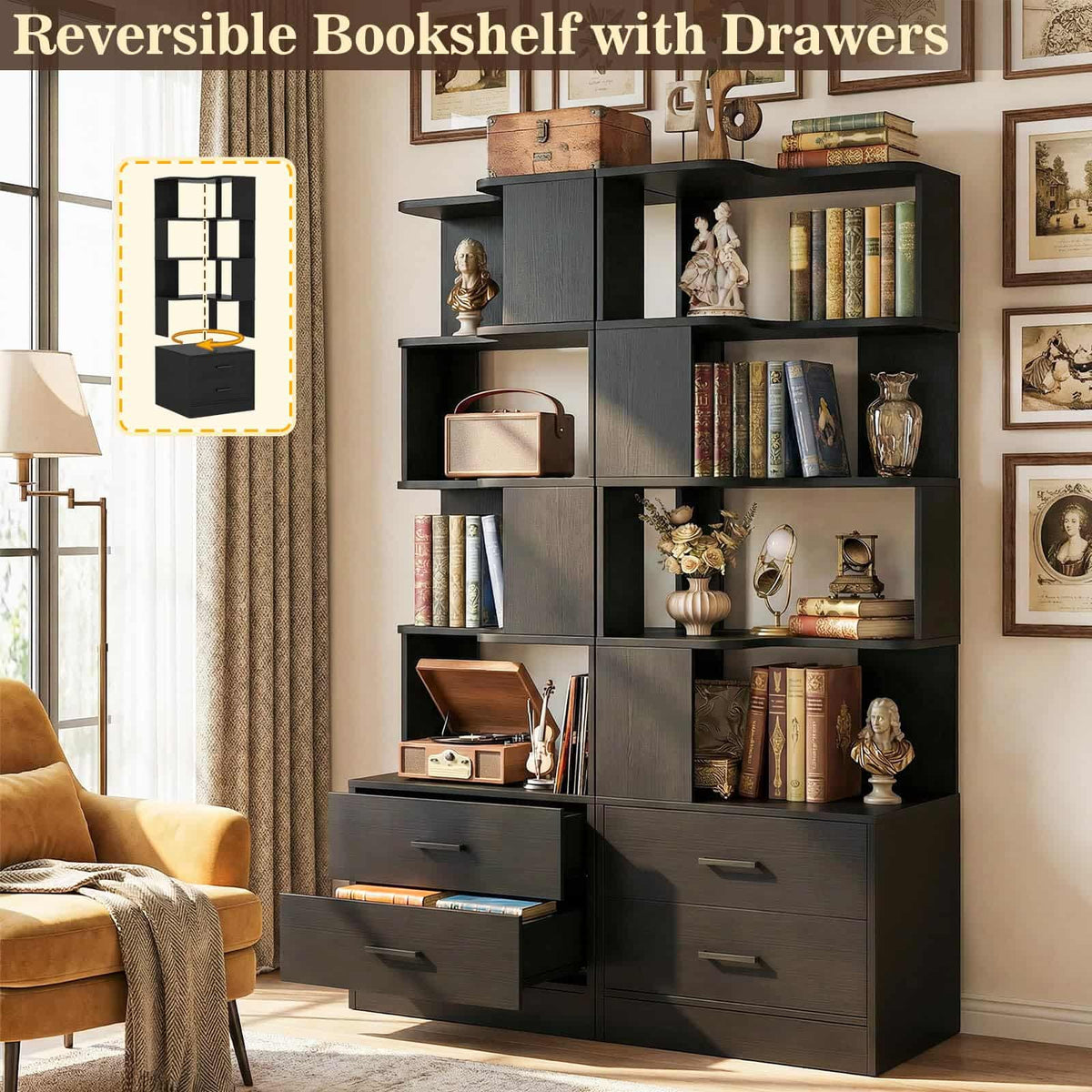 4-Drawer 7-Tier Corner Bookshelf, L-Shaped Small Corner Shelf Storage Bookcase, Freestanding Corner Storage Rack for Small Spaces, Living Room, Home Office, Bedroom