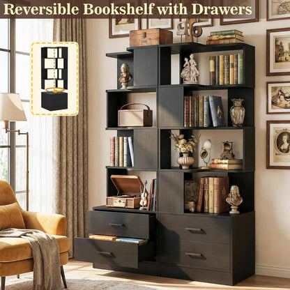 4-Drawer 7-Tier Corner Bookshelf, L-Shaped Small Corner Shelf Storage Bookcase, Freestanding Corner Storage Rack for Small Spaces, Living Room, Home Office, Bedroom
